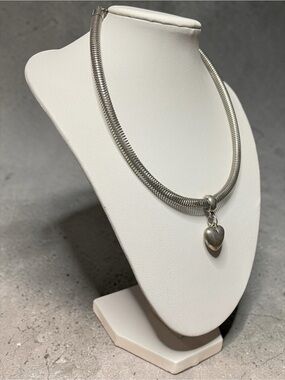 Silver-Tone Puffy Heart Necklace with Snake Coil Chain